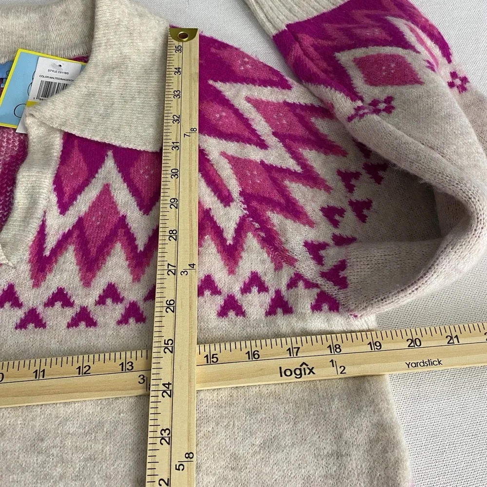CeCe Women's Medium Collared‎ Fair Isle Sweater Beige/Magenta Long Flare Sleeve